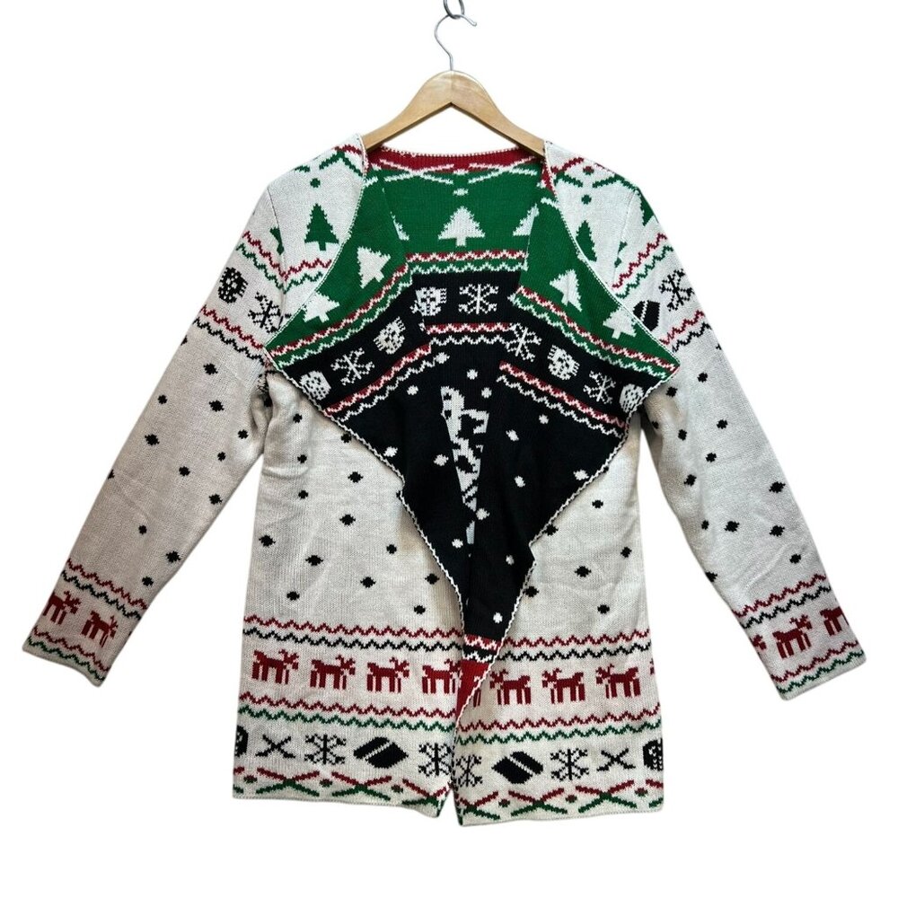 Womens Open Front Cardigan Sweater Medium Christmas Snowland Turndown Collar